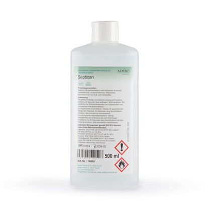 Septican Händedesinfektion 500 ml Flasche mit Sicherheitskennzeichnungen auf der Vorderseite.