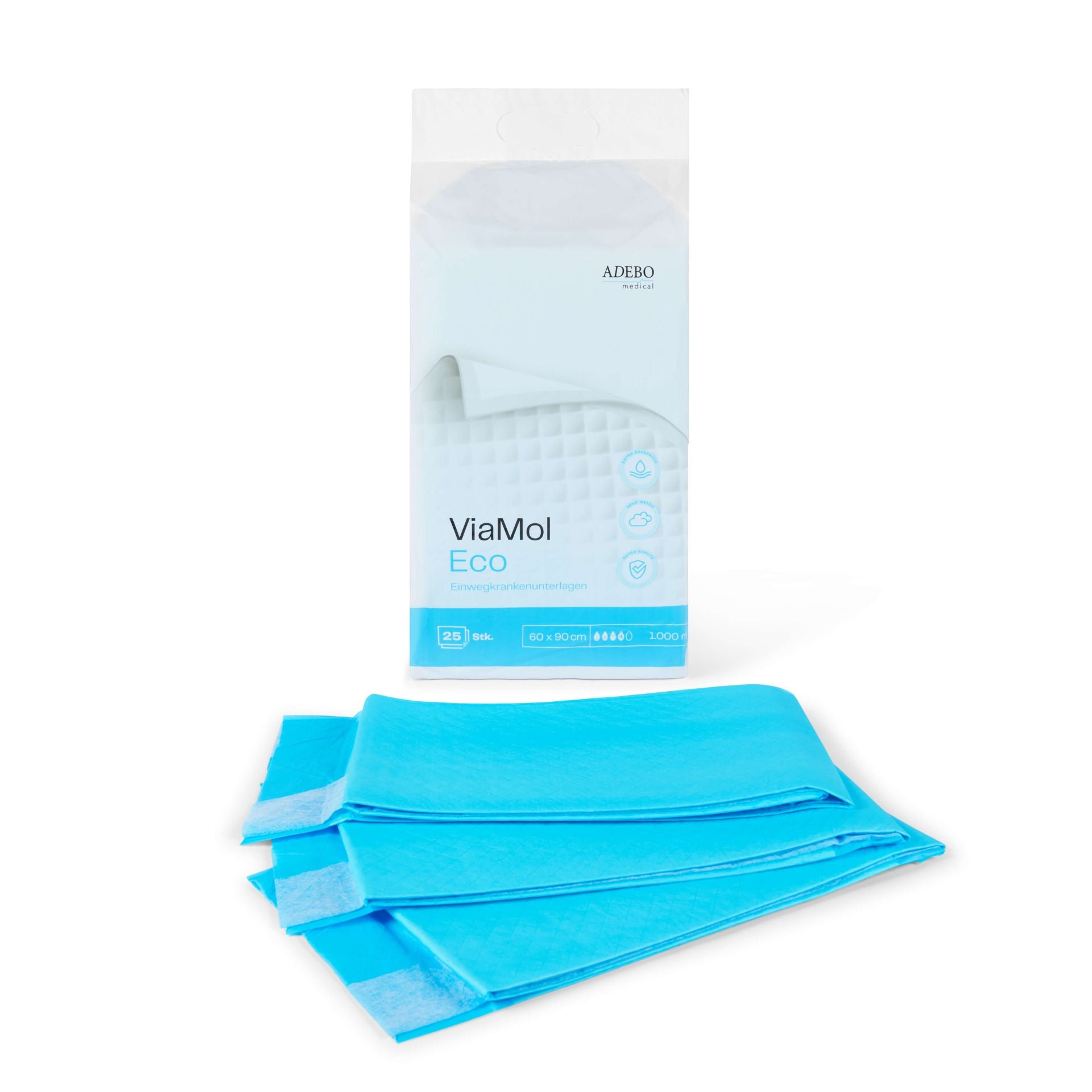 Verpackung der ViaMol Eco Bettschutzeinlagen mit blauen Einlagen sichtbar.