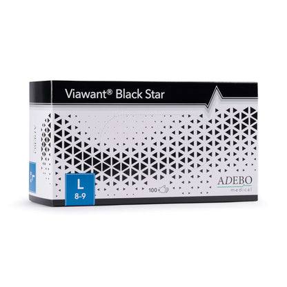 Verpackung der Viawant Black Star Nitrilhandschuhe, Größe L, mit geometrischem Muster.