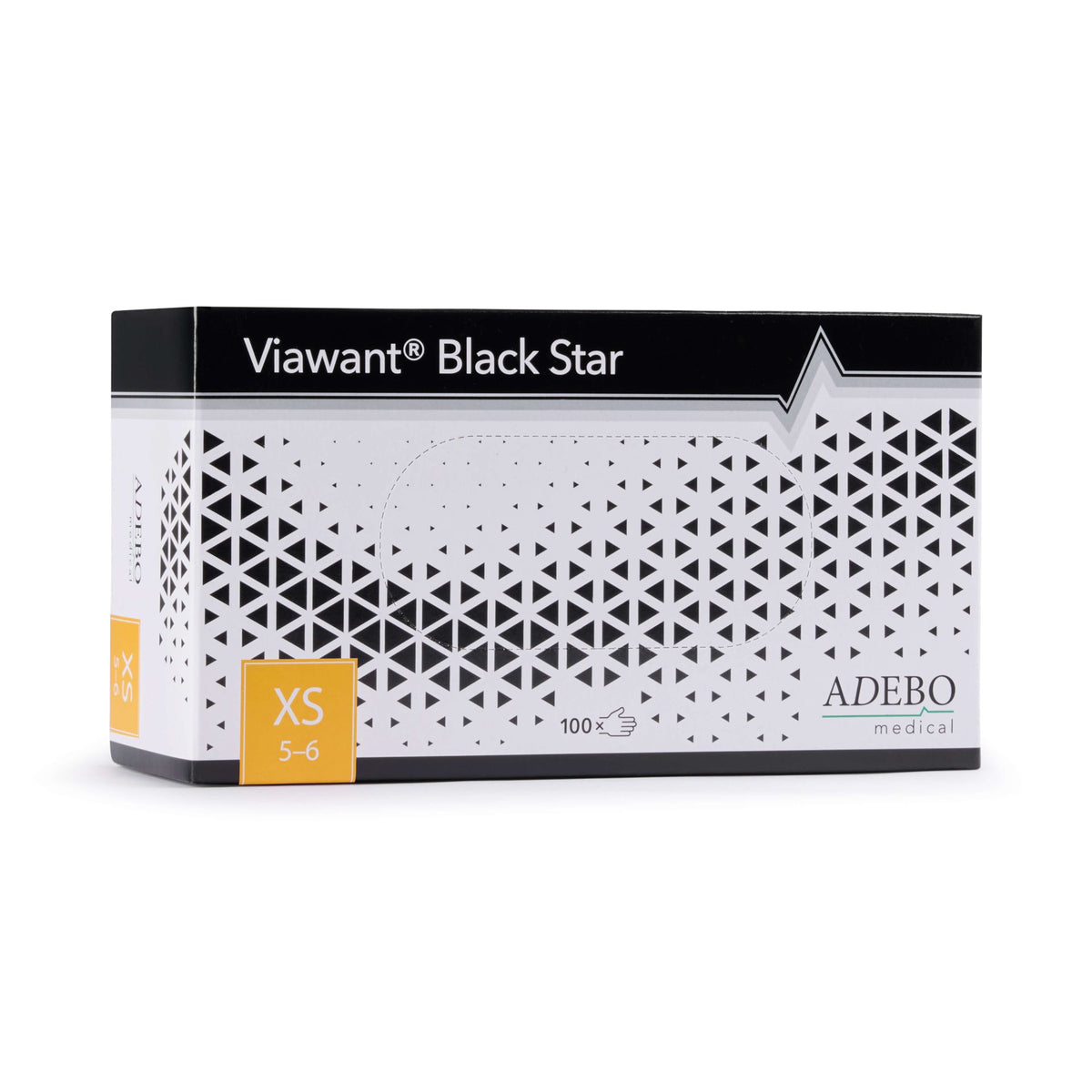 Viawant Black Star Nitrilhandschuhe, schwarze Verpackung, Größe XS, geometrisches Muster.