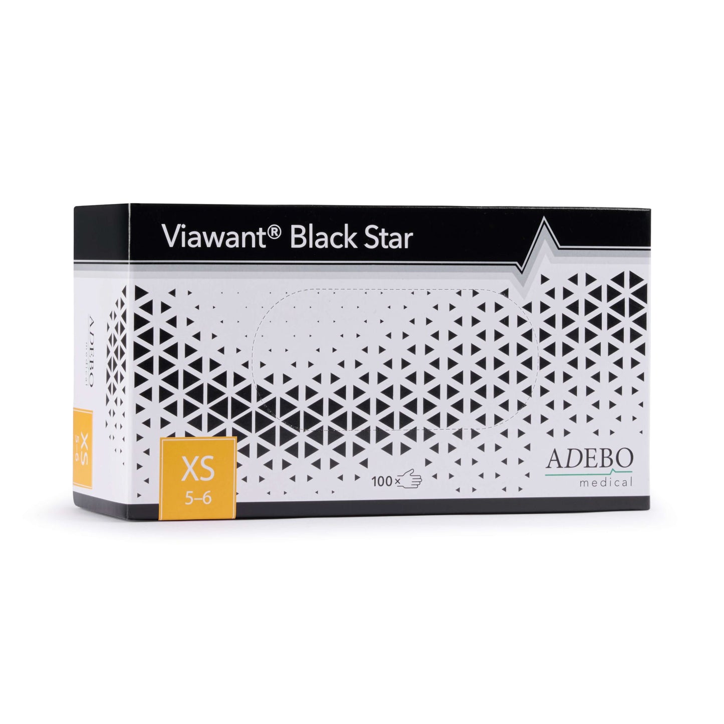 Viawant Black Star Nitrilhandschuhe, schwarze Verpackung, Größe XS, geometrisches Muster.