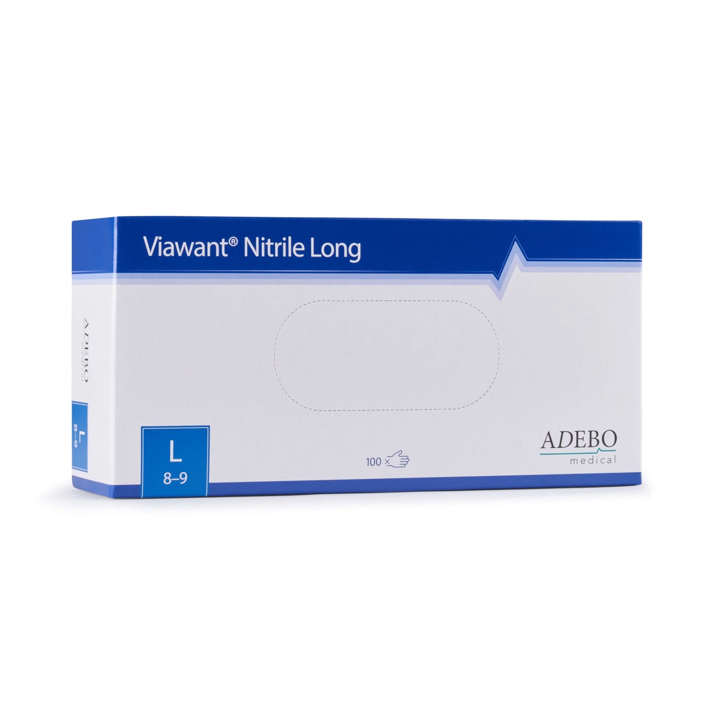 Verpackung der Viawant Nitrile Long Einmalhandschuhe, Größe L, 100 Stück.