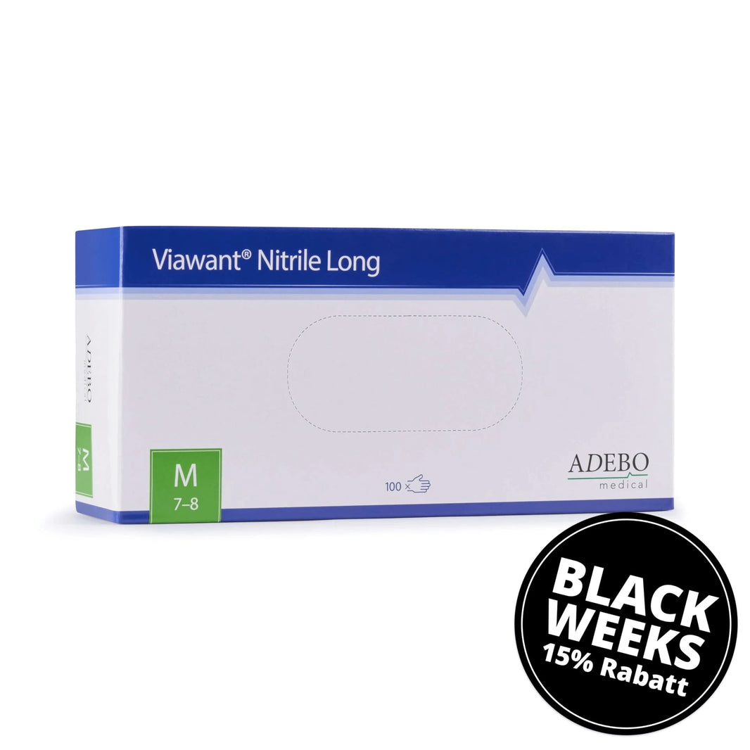 Viawant Nitrile Long Einmalhandschuhe, blaue Verpackung, Größe M, 100 Stück.
