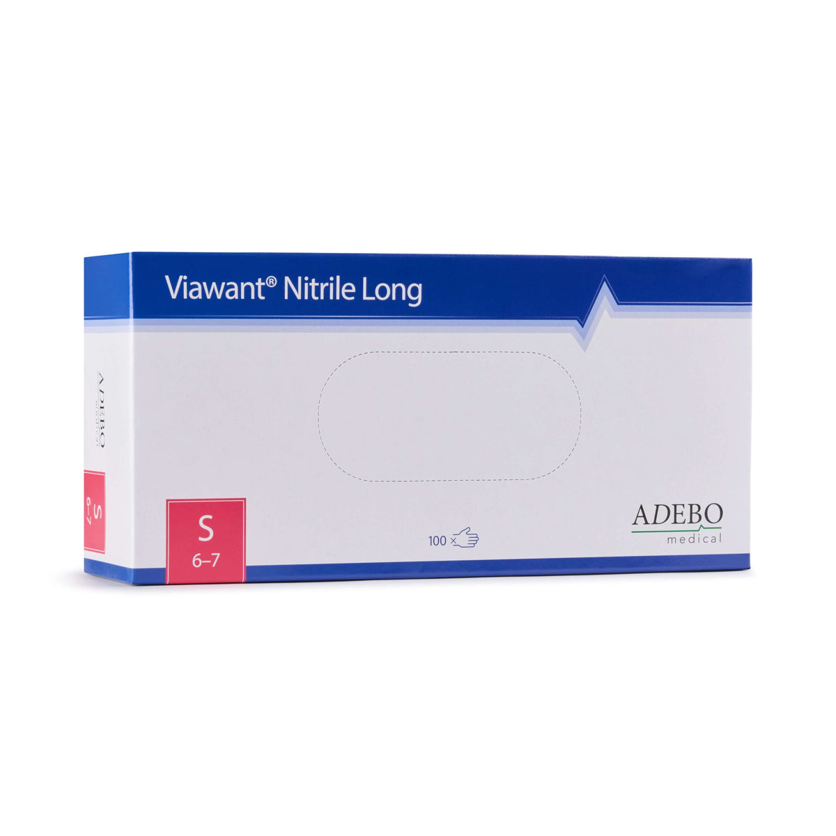 Verpackung der Viawant Nitrile Long Einmalhandschuhe, Größe S, 100 Stück.