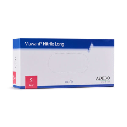 Verpackung der Viawant Nitrile Long Einmalhandschuhe, Größe S, 100 Stück.