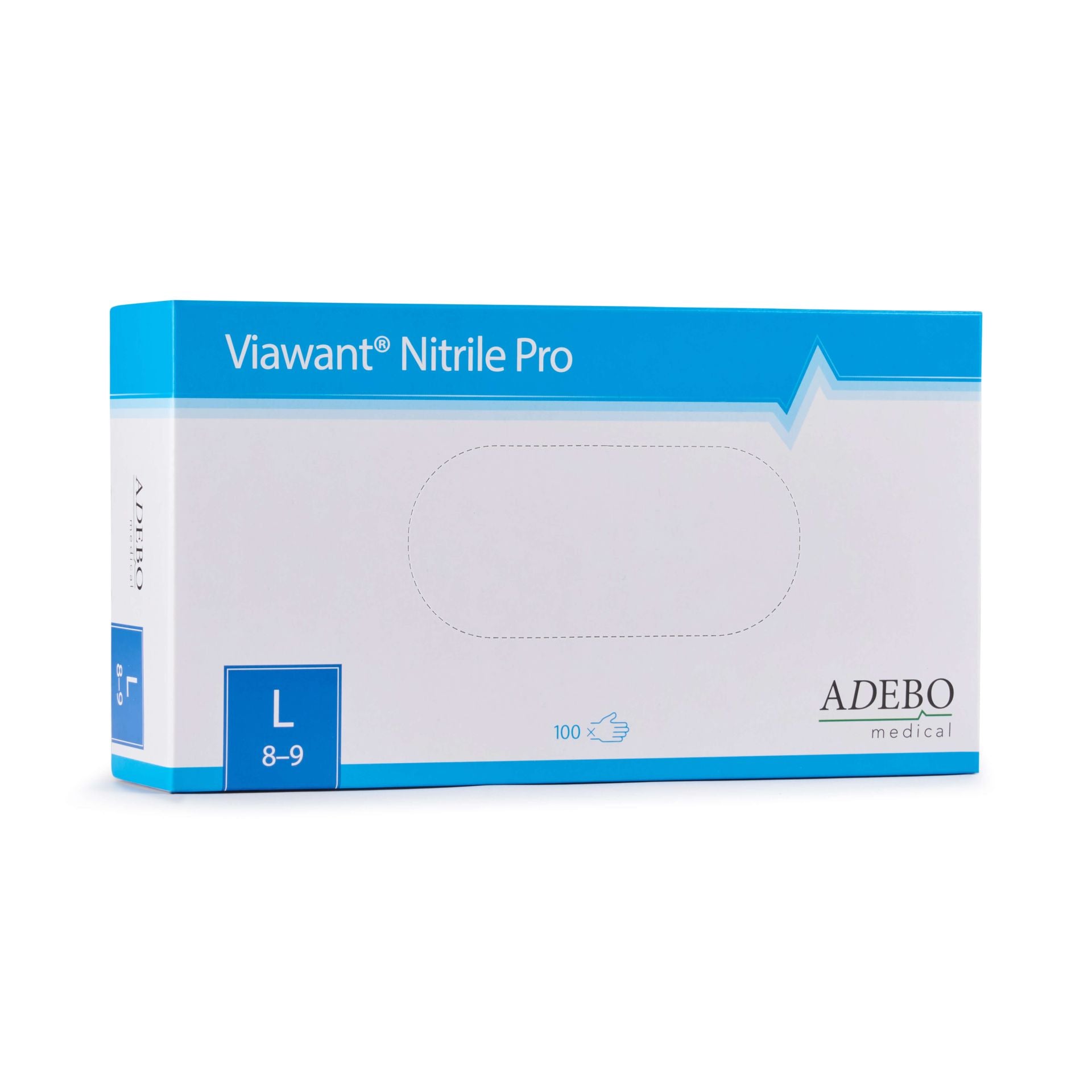 Verpackung der Viawant Nitrile Pro Einmalhandschuhe in Blau, Größe L.