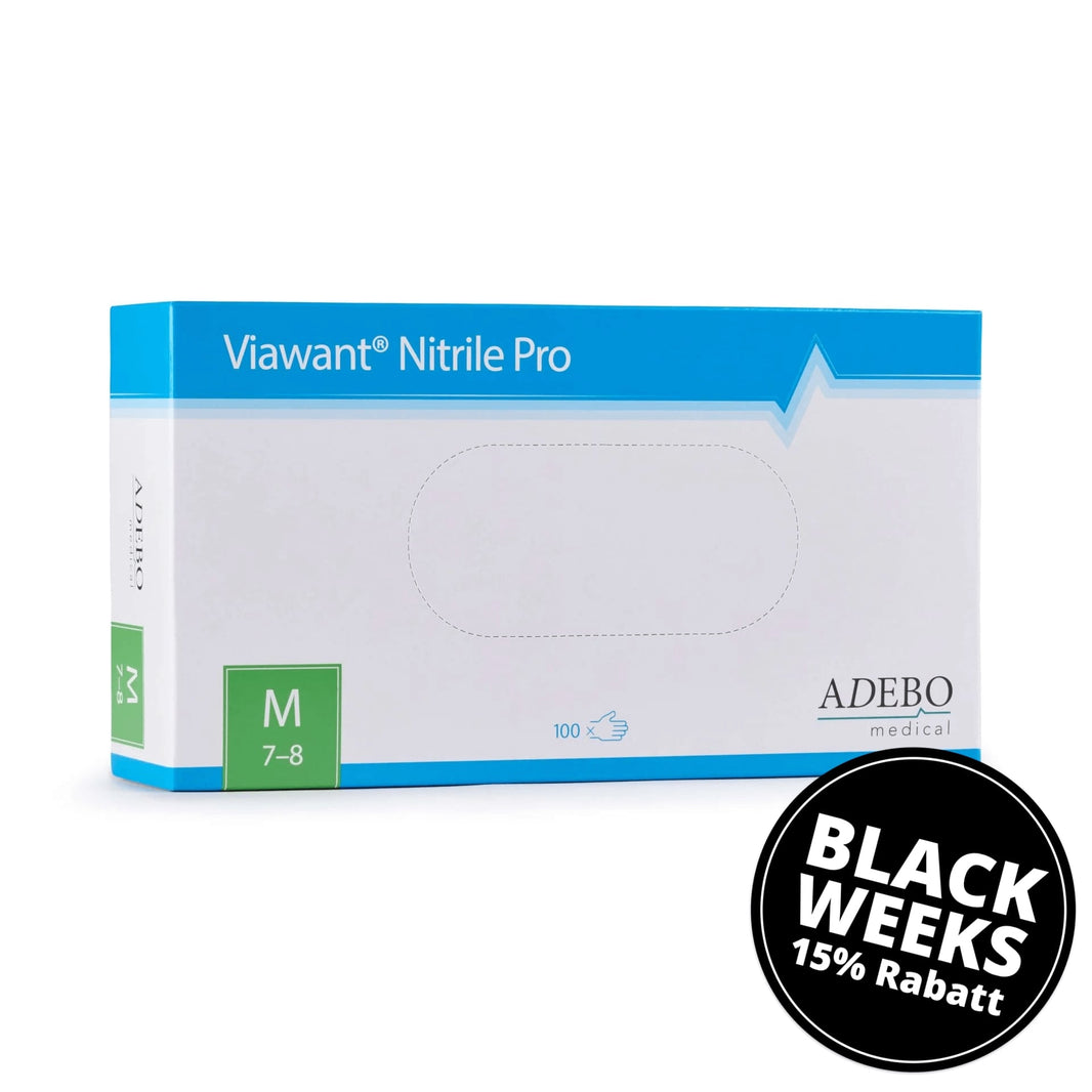 Verpackung der Viawant Nitrile Pro Einmalhandschuhe in Blau, Größe XS.