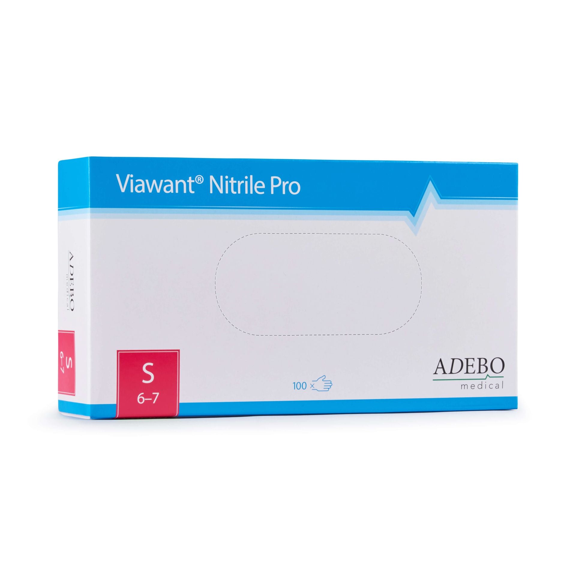 Verpackung der Viawant Nitrile Pro Einmalhandschuhe, Größe S, mit Logo und Größenangabe.