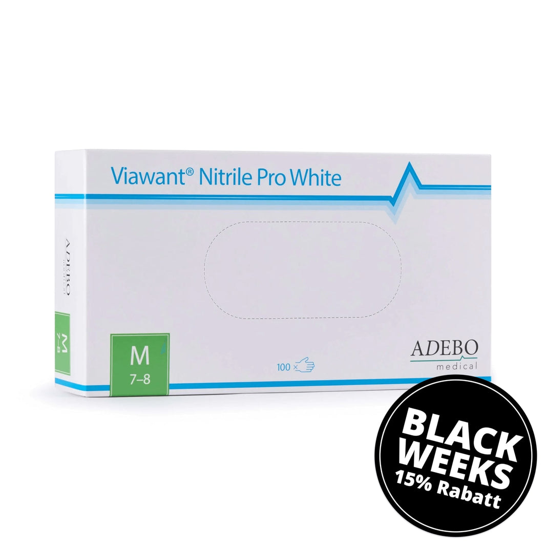 Verpackung der Viawant Nitrile Pro White Einmalhandschuhe in Größe M.