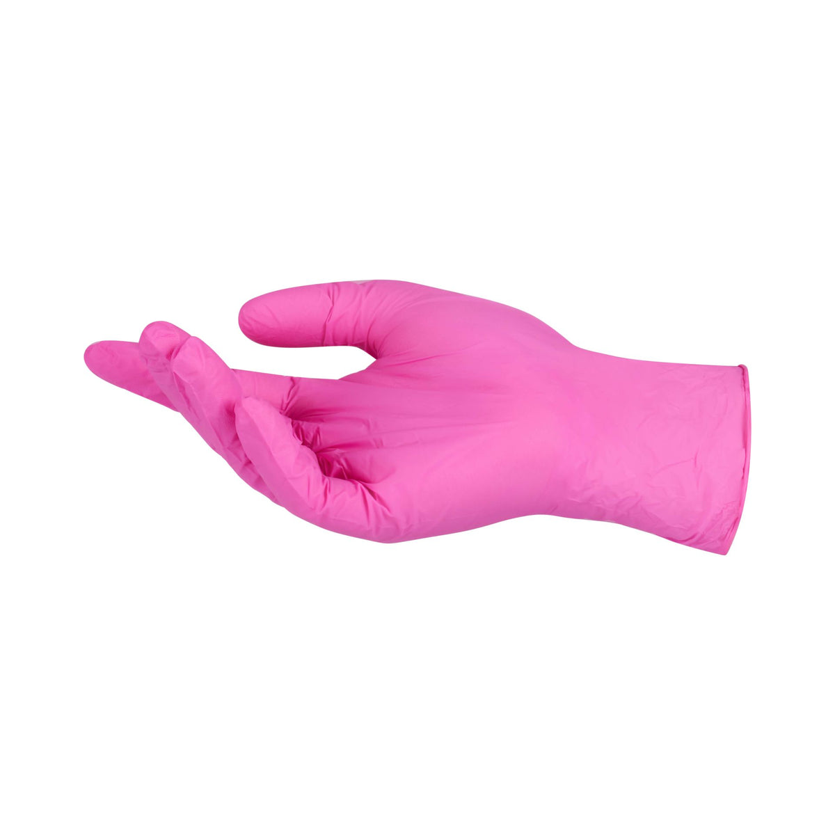 Rosa Nitrilhandschuh, puderfrei, in Größe XL, Detailansicht einer Handform.