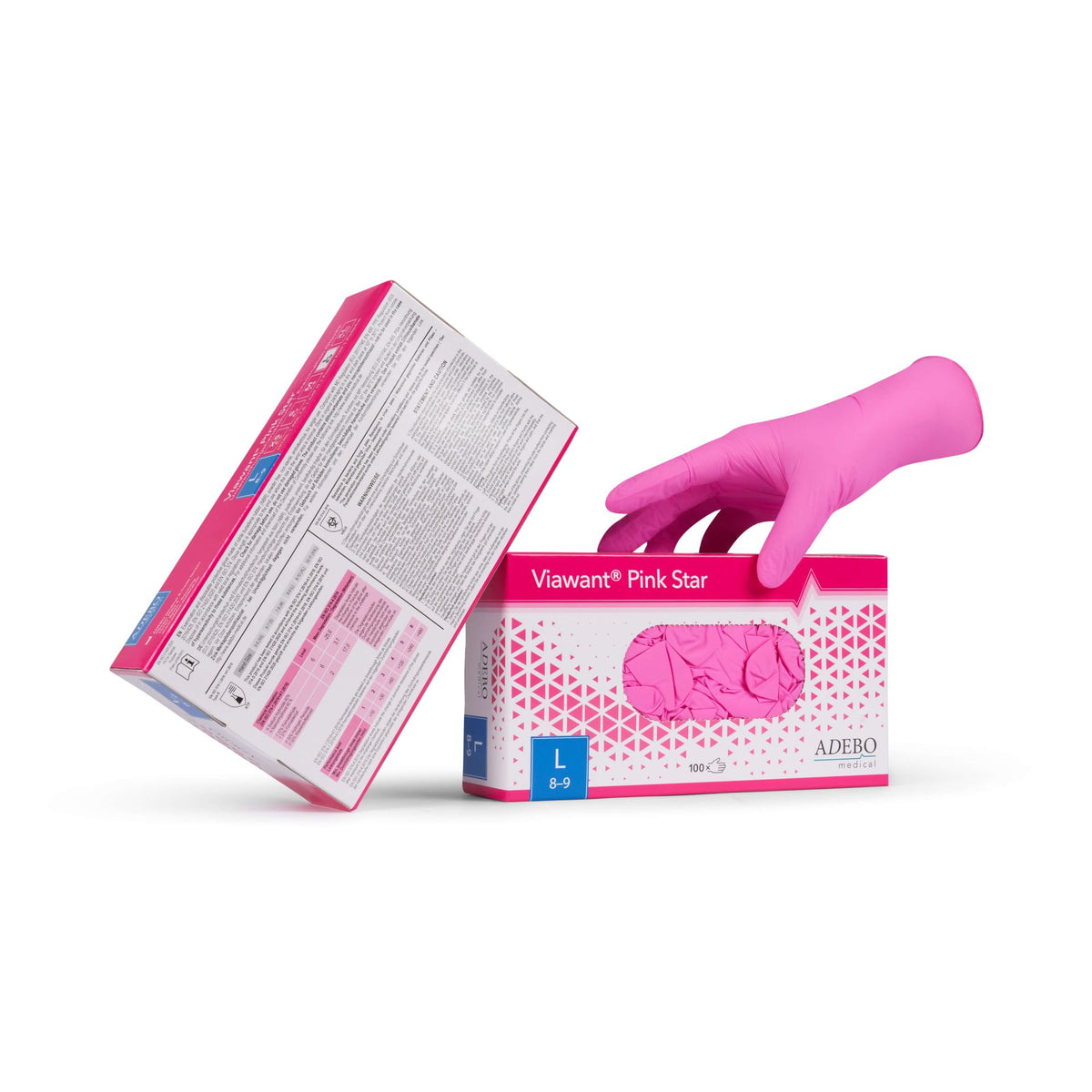 Viawant Pink Star Nitrilhandschuhe, rosa, puderfrei, Größe L, Verpackung und Handschuh.