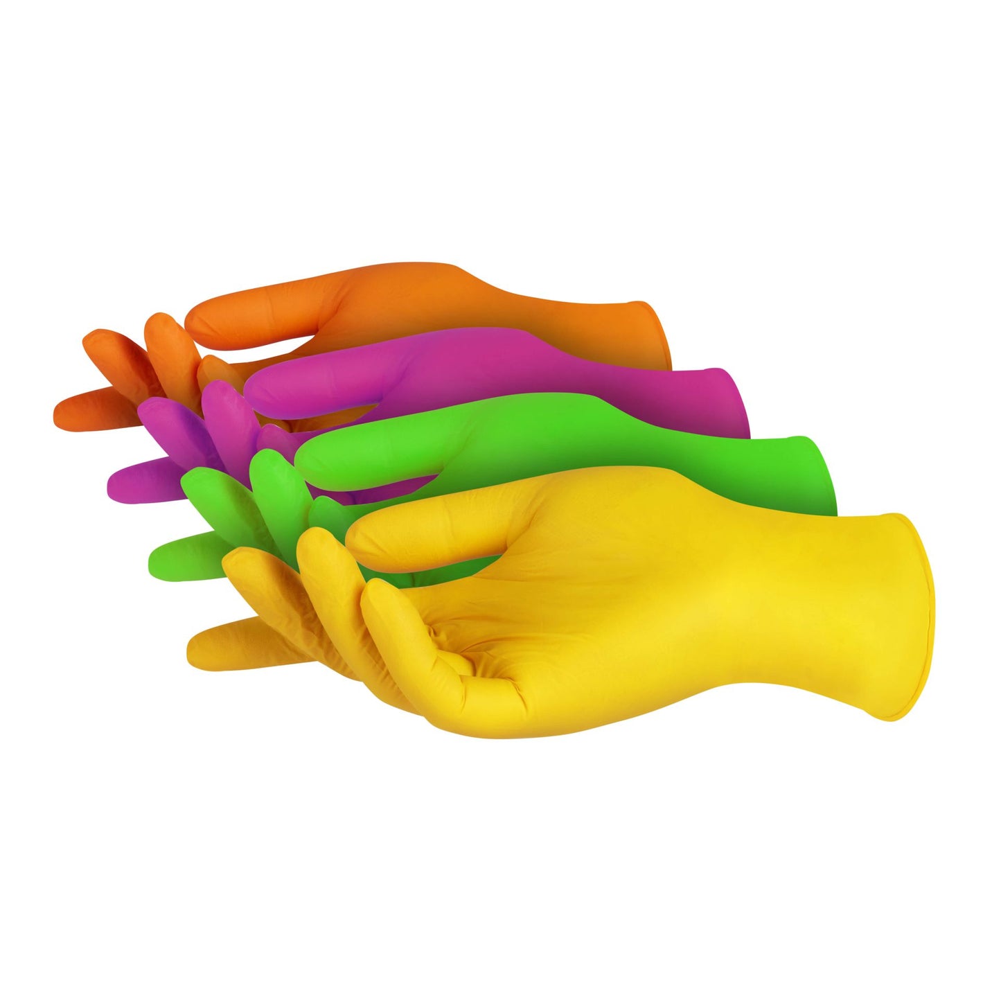 Bunte Viawant Rainbow Star Nitrilhandschuhe in vier Farben auf weißem Hintergrund.