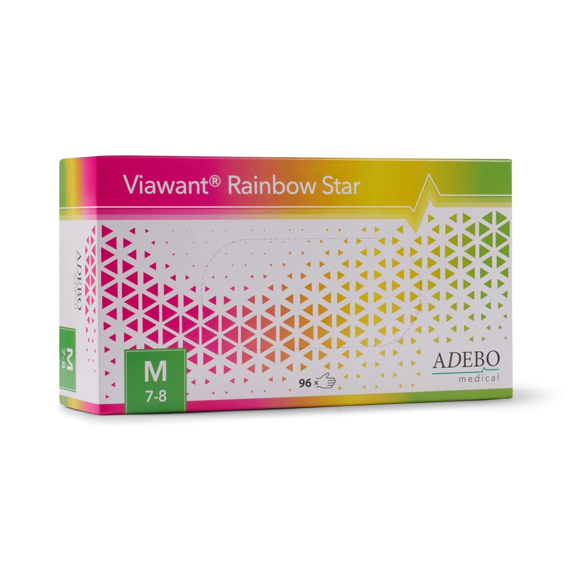 Verpackung der Viawant Rainbow Star Nitrilhandschuhe in buntem Design.