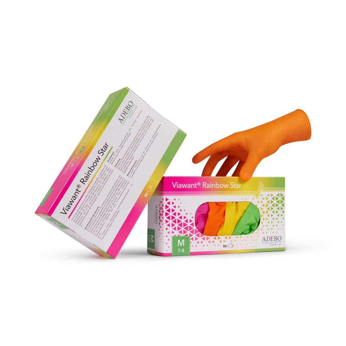 Viawant Rainbow Star Nitrilhandschuhe in bunten Farben, mit orangefarbenem Handschuh in Aktion.