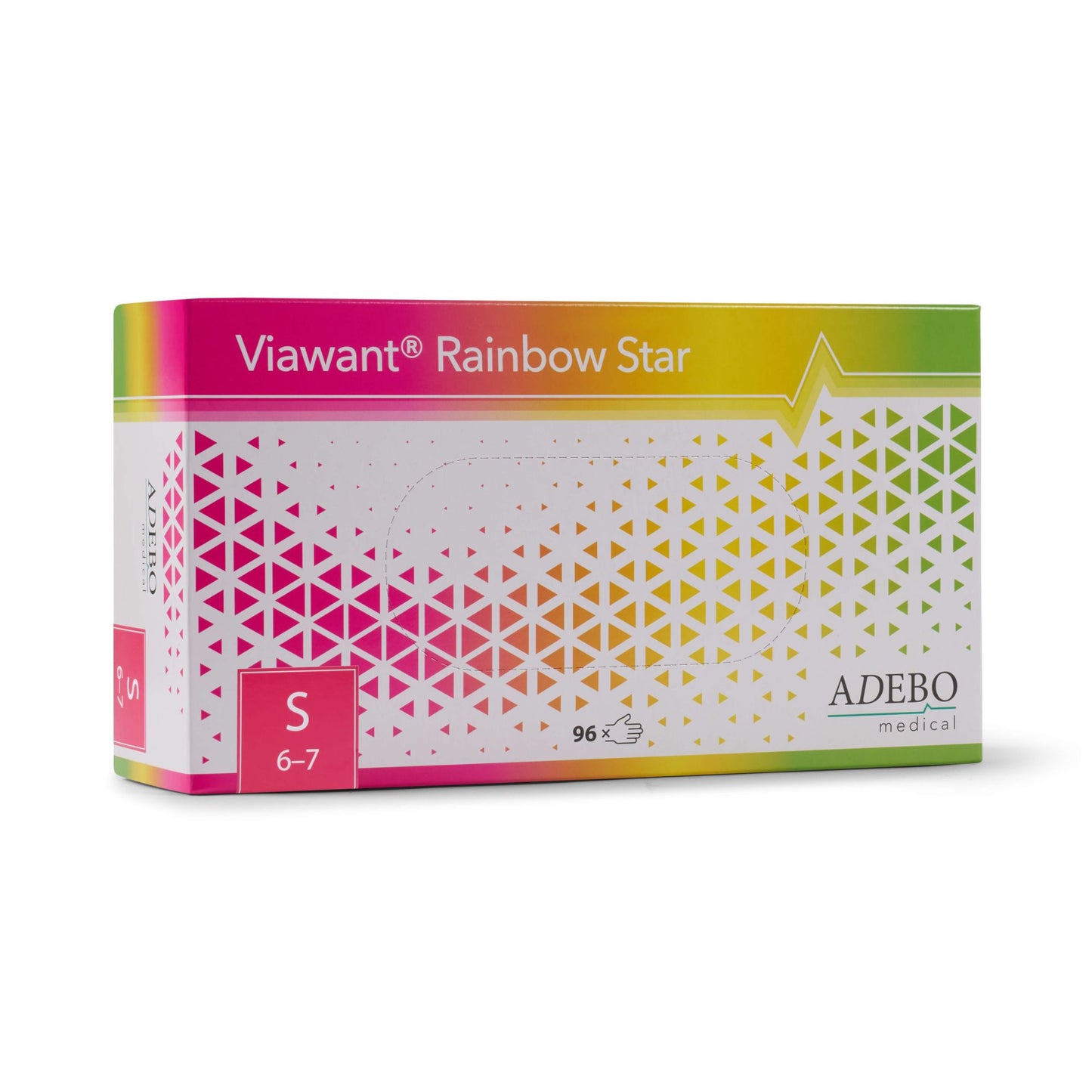 Verpackung der Viawant Rainbow Star Nitrilhandschuhe mit buntem geometrischem Design.