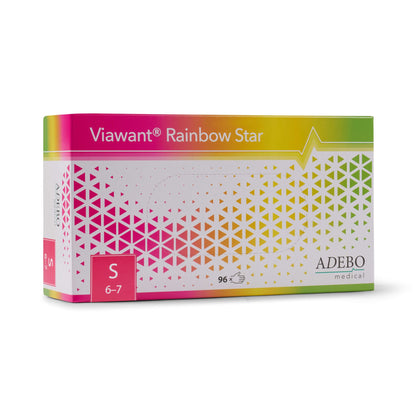 Verpackung der Viawant Rainbow Star Nitrilhandschuhe mit buntem geometrischem Design.