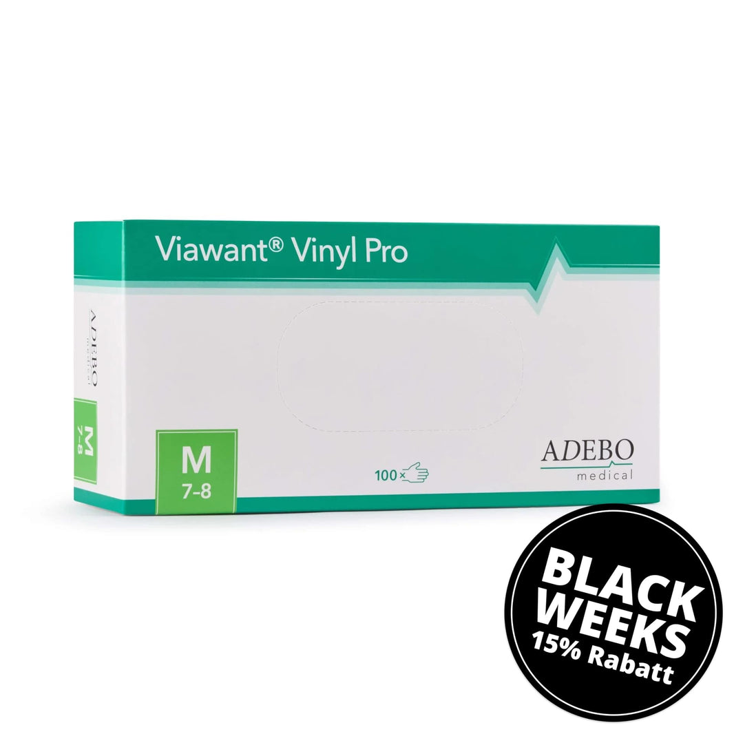 Viawant Vinyl Pro Einmalhandschuhe aus Vinyl in Verpackung der Größe M.