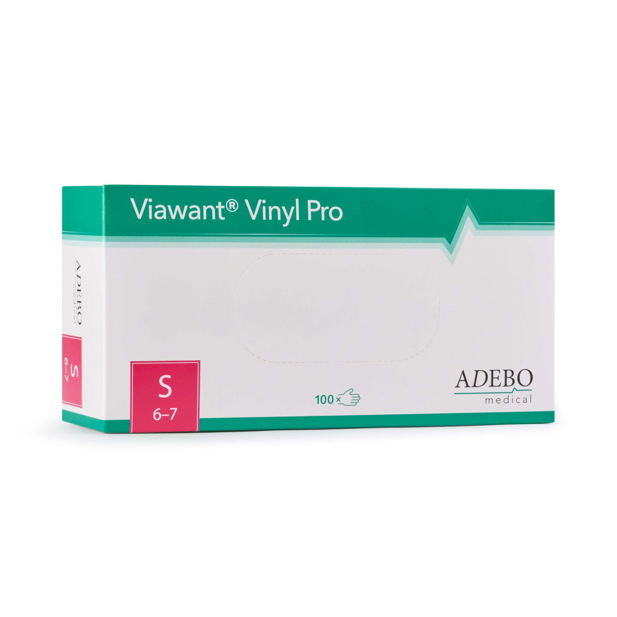 Viawant Vinyl Pro Einmalhandschuhe, Größe S, in grüner Verpackung von Adebo Medical.