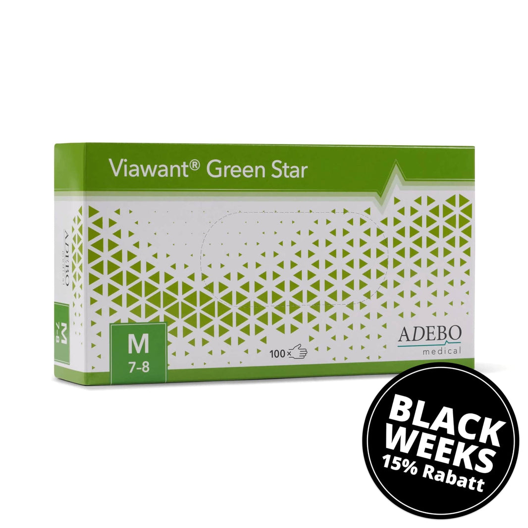 Viawant Green Star Nitrilhandschuhe in grüner Verpackung, Größe M.
