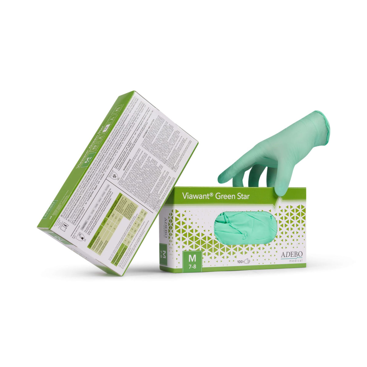 Viawant Green Star Nitrilhandschuhe, grüne Handschuhentnahme aus Verpackung, Größe M.