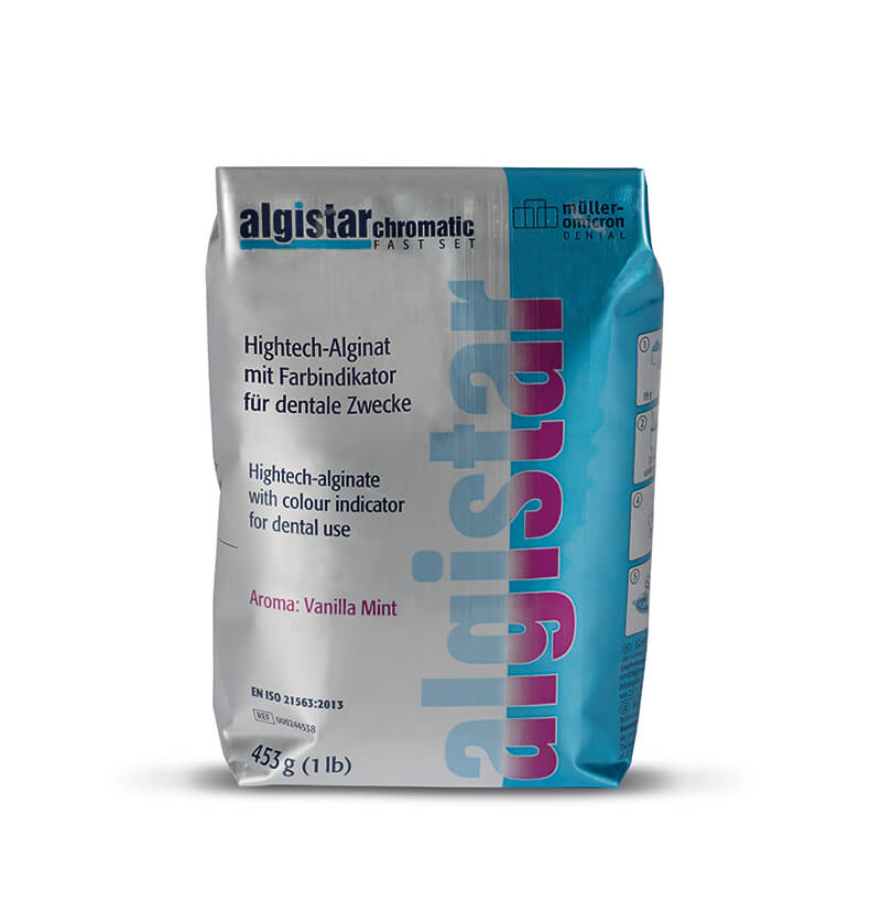 Hochwertiges Alginat mit Farbindikator in metallischer Verpackung.