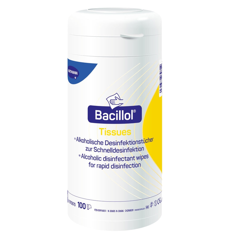 Bacillol Tissues Desinfektionstücher, 100 Stück, in weißer Spenderdose.