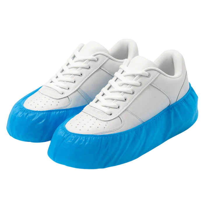 CPE-Schuhüberzieher in Blau auf weißen Turnschuhen.