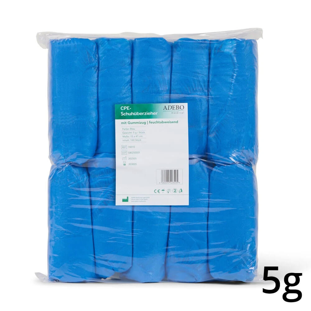 CPE-Schuhüberzieher 5 g in blauer Verpackung mit Produktetikett.