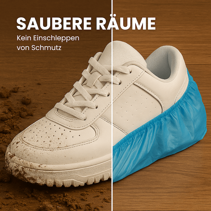 CPE-Schuhüberzieher auf weißem Turnschuh, halb mit Schmutz, halb sauber.
