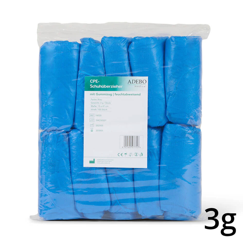 CPE-Schuhüberzieher in blauer Verpackung mit Produktetikett.