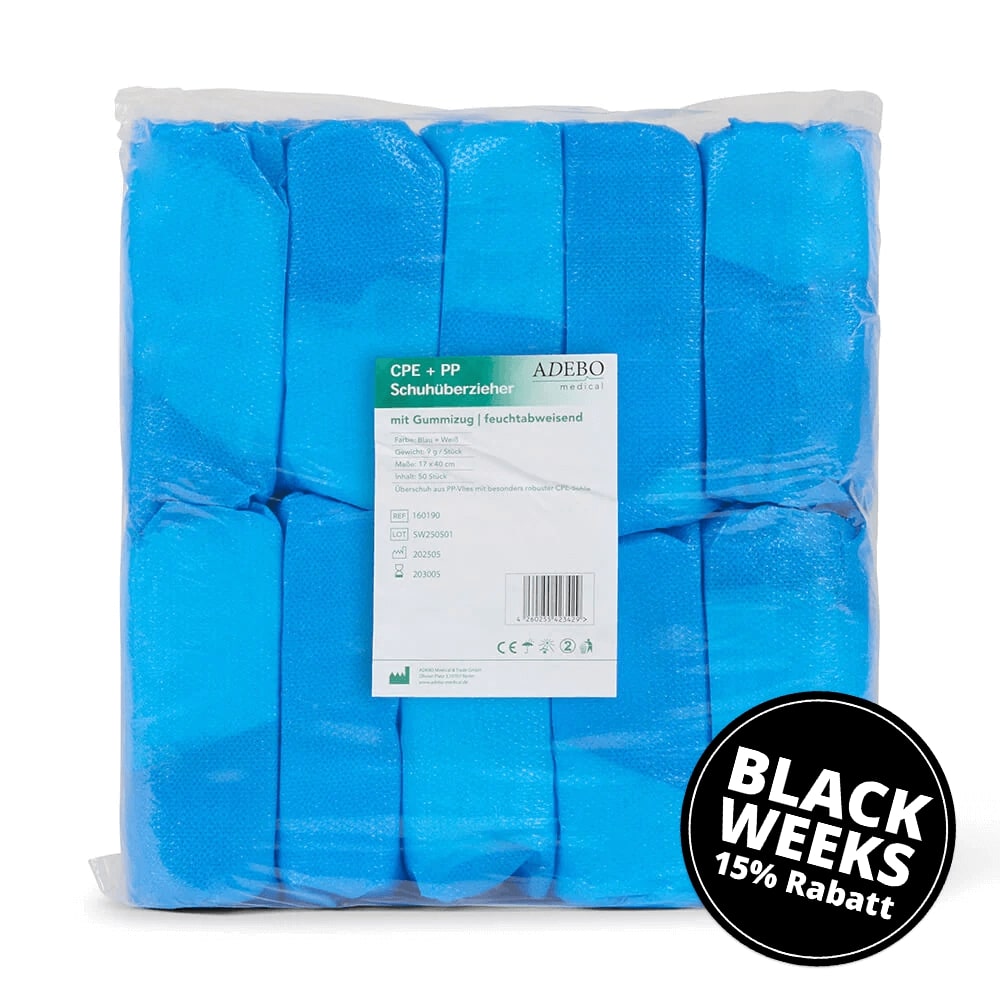 PP Überschuhe mit blauer CPE-Sohle in Verpackung.