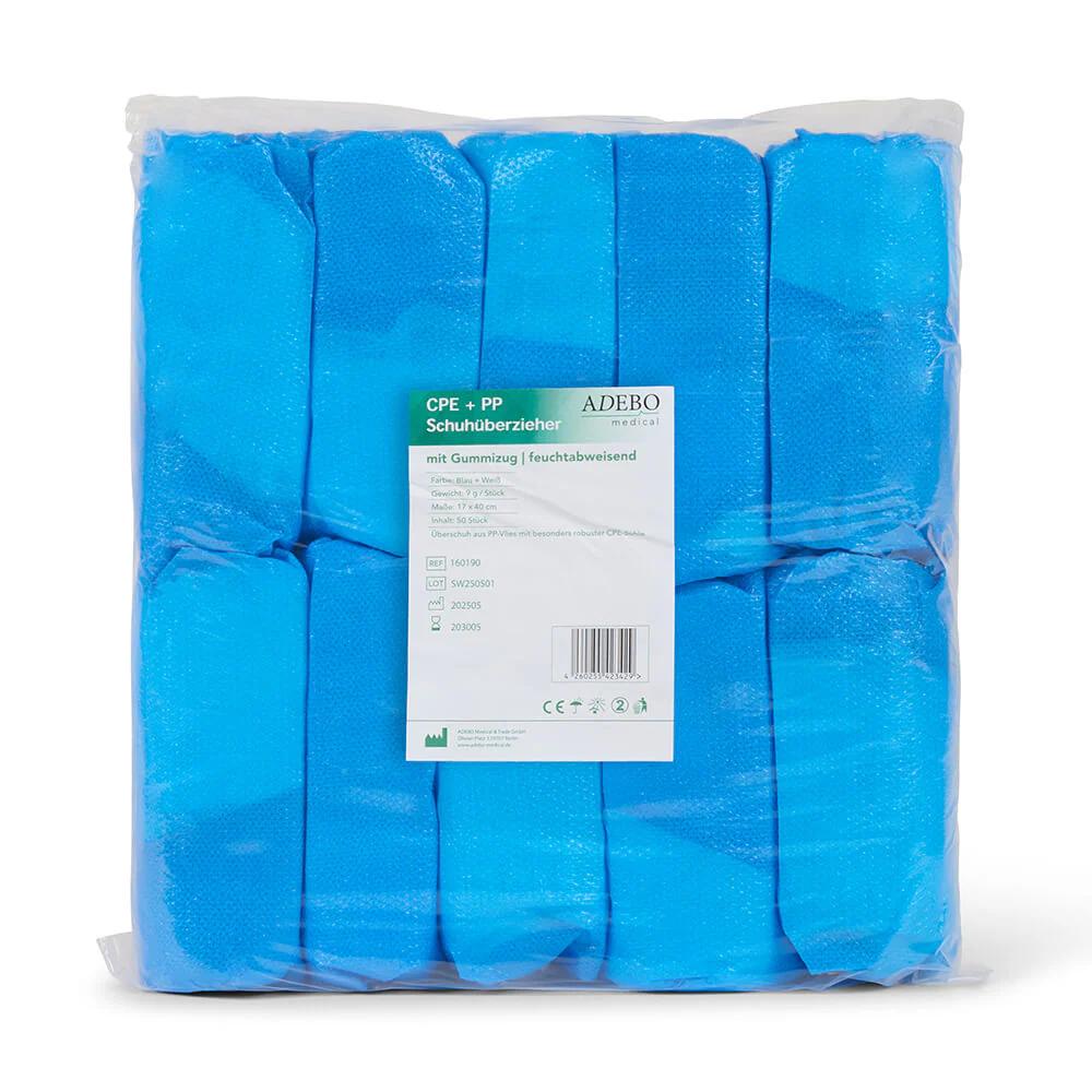 PP Überschuhe mit blauer CPE-Sohle in Verpackung.