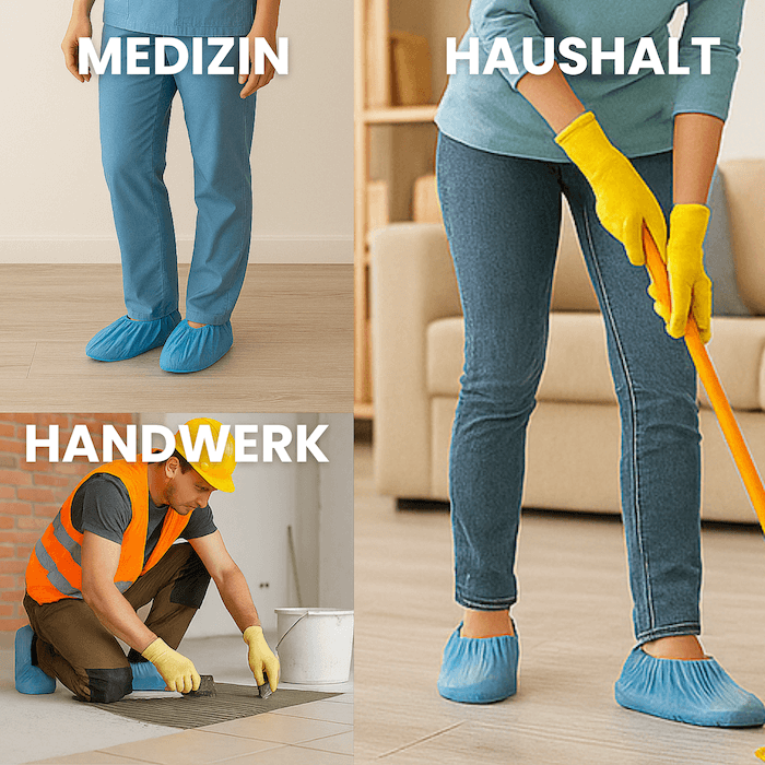 Medizinische, handwerkliche und häusliche Anwendung von blauen CPE-Schuhüberziehern.