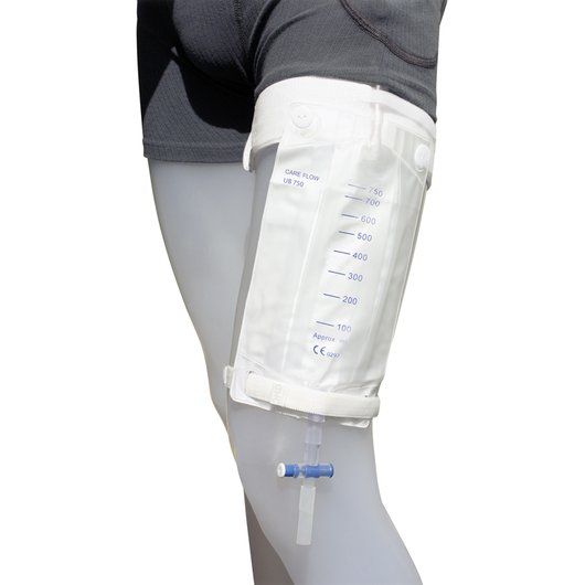 Beinbeutelhalterung mit Knöpfen am Oberschenkel befestigt.