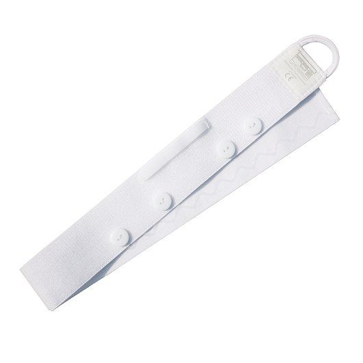 Elastisches Kletthalteband mit vier Knöpfen und Silikonschlaufen zur Beinbeutelfixierung.