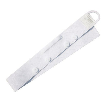 Elastisches Kletthalteband mit vier Knöpfen und Silikonschlaufen zur Beinbeutelfixierung.