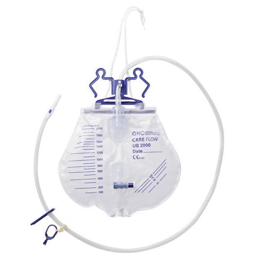 Geschlossenes Urindrainagesystem Care Flow UB 2000 mit 2000 ml Beutel und Schlauch.
