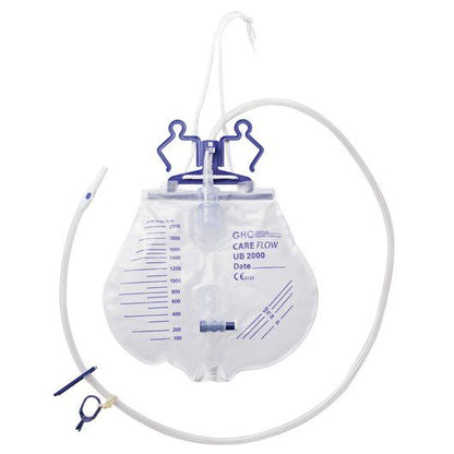 Geschlossenes Urindrainagesystem Care Flow UB 2000 mit 2000 ml Beutel und Schlauch.