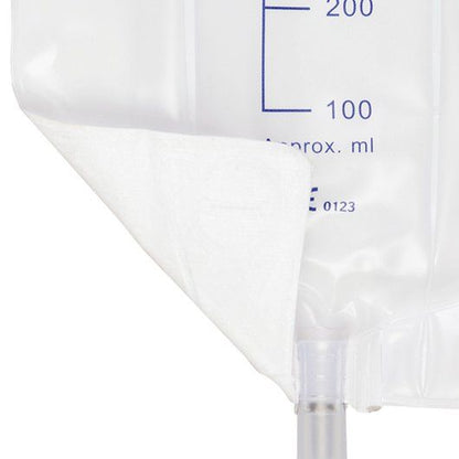 Detailansicht des Care Flow UB 750 Beinbeutels mit Vliesbeschichtung und Skala.