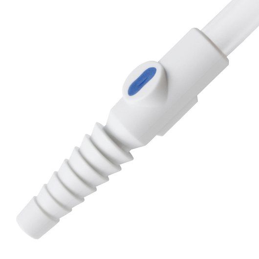 Stufenkonnektor des Care Flow UB 750 Beinbeutels mit nadelfreier Urinprobeentnahme.