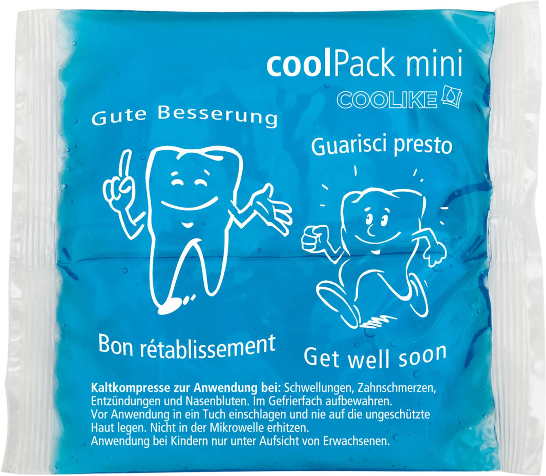 Gel-Kaltkompresse coolPack mini mit Aufdruck "Gute Besserung" und Zahn-Grafik.