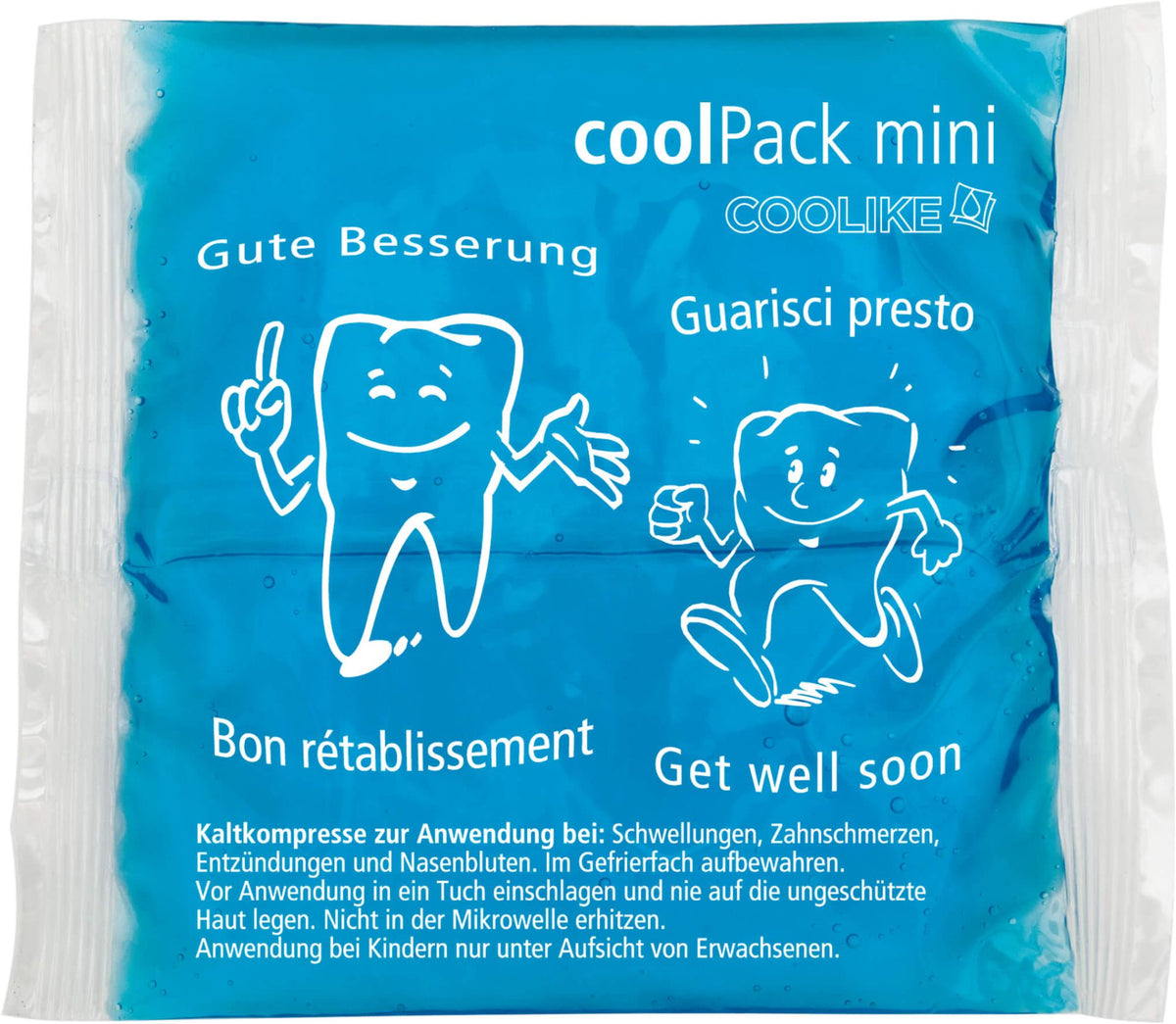 Gel-Kaltkompresse coolPack mini mit Aufdruck "Gute Besserung" und Zahn-Grafik.