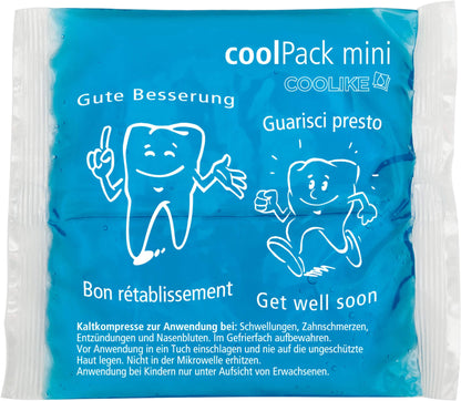 Gel-Kaltkompresse coolPack mini mit Aufdruck "Gute Besserung" und Zahn-Grafik.