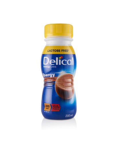 Delical HC Energy Drink Schokolade in blau-gelber Flasche, 200 ml.