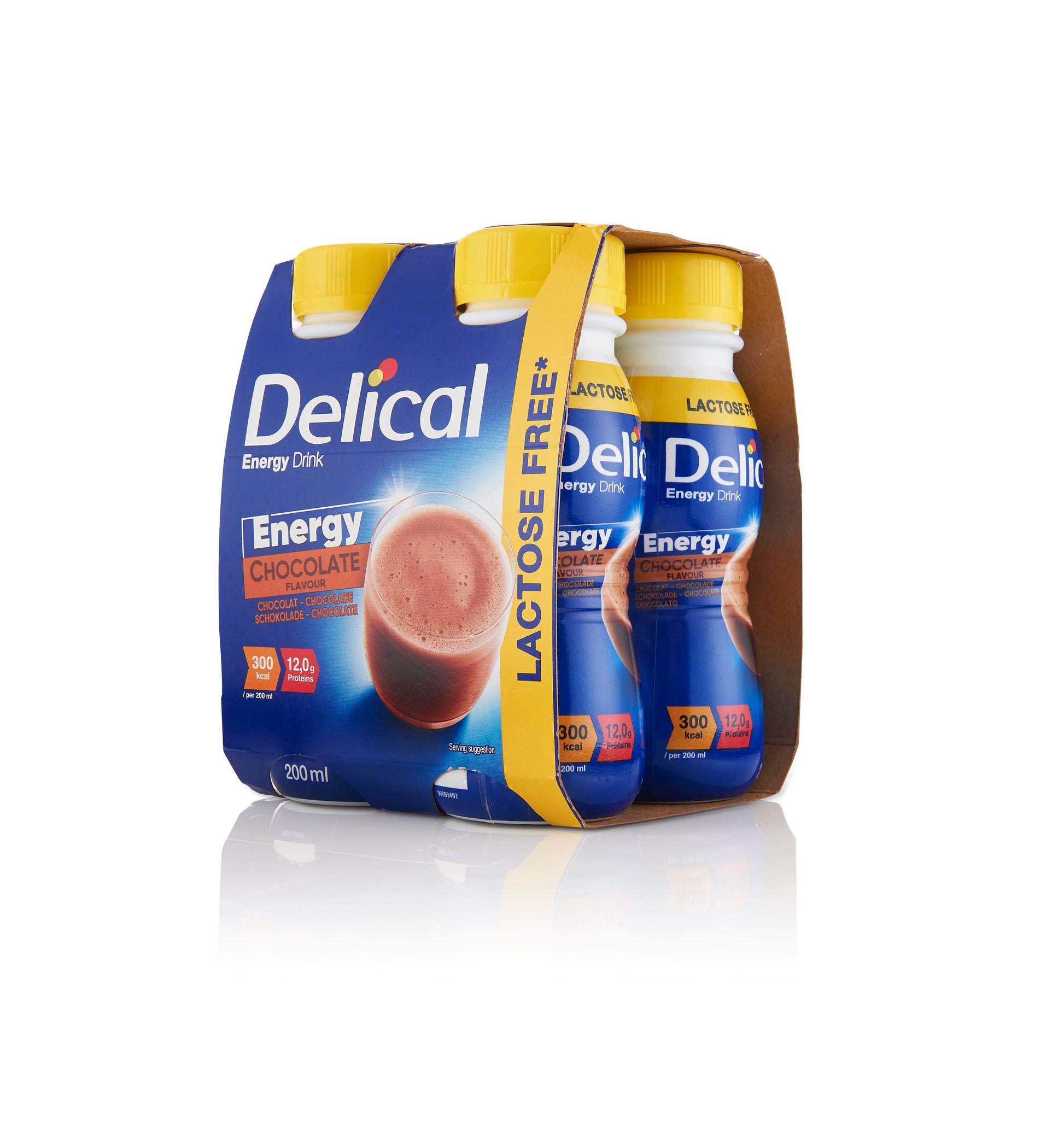 Delical HC Energy Drink Schokolade, 4er-Pack in blau-gelber Verpackung, 200 ml.