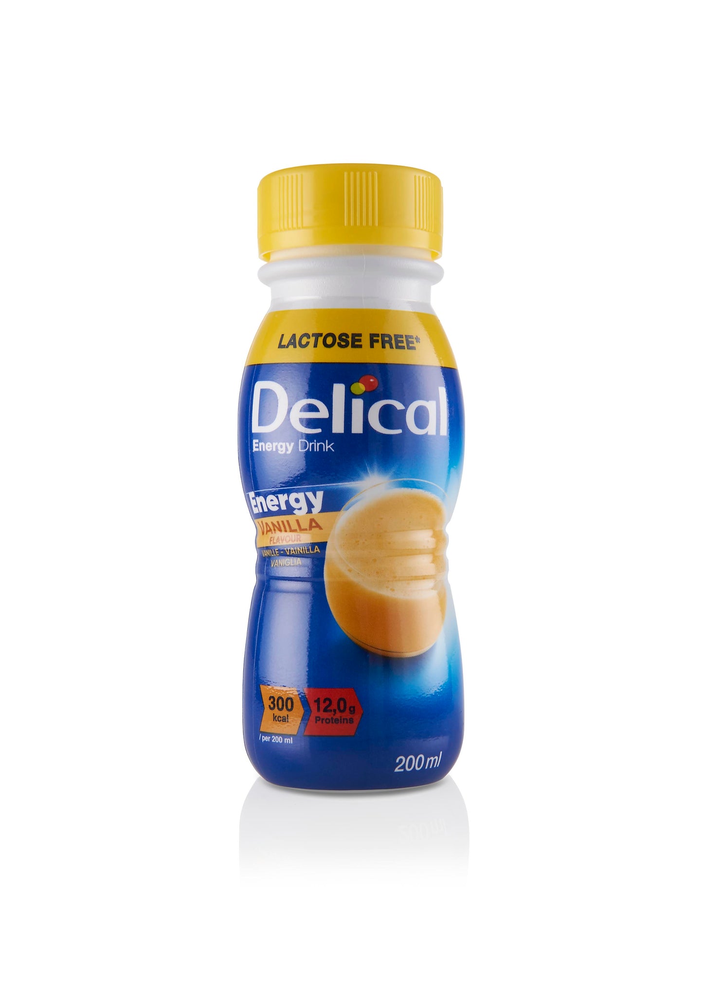 Delical HC Energy Drink Vanille in blau-gelber Flasche, 200 ml.