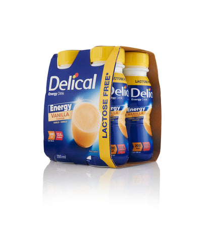 Delical HC Energy Drink Vanille in blau-gelber Flasche, 200 ml, Packung.