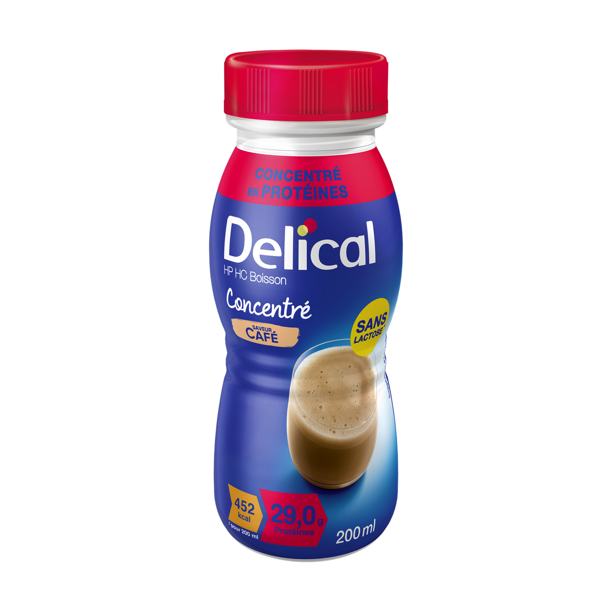 Delical Kaffeegetränk in blauer 200ml Flasche mit rotem Deckel.