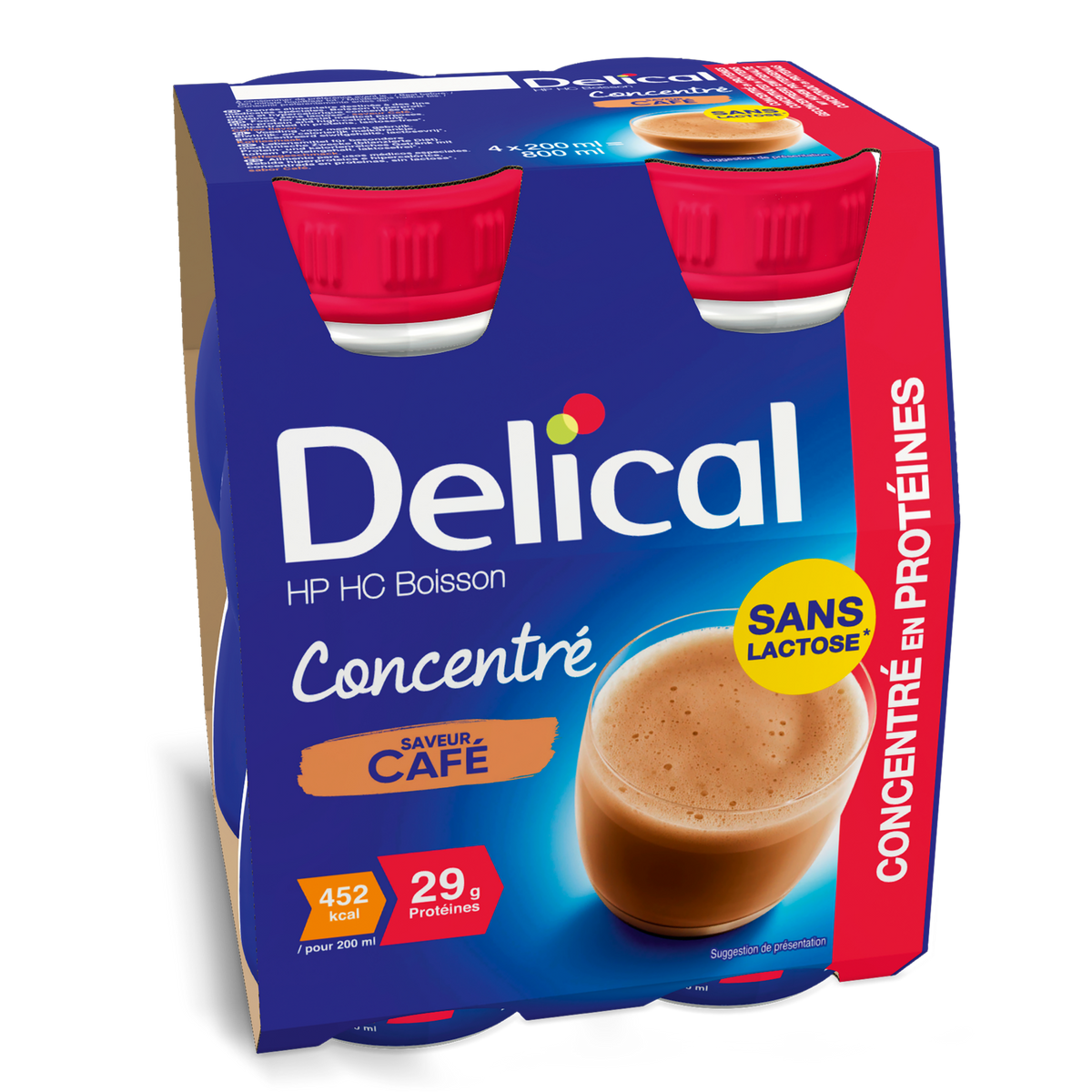 Viererpack Delical HP HC Getränk Kaffeegeschmack in blauen 200ml Flaschen.