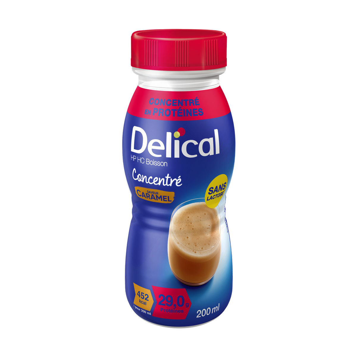 Delical HP HC Getränk Karamell in blauer 200ml Flasche, laktosefrei.